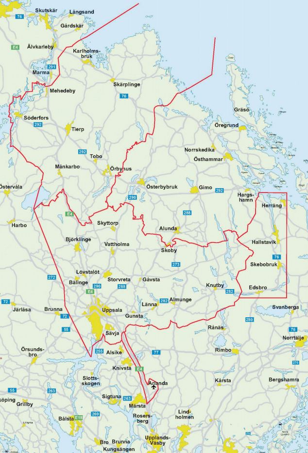 karta över områden som man kan resa till med Östhammars kommuns färdtjänst